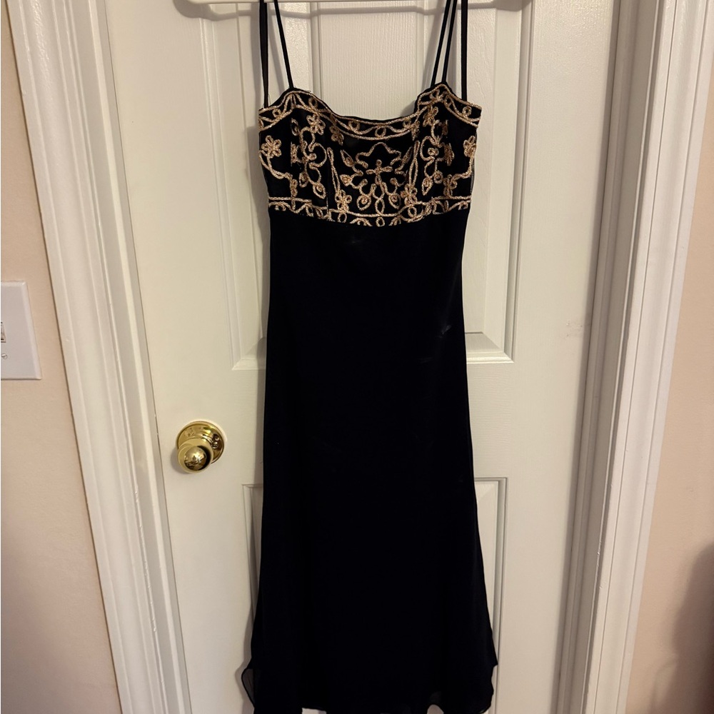 90s Vintage Black Dress with Gold Embroidery